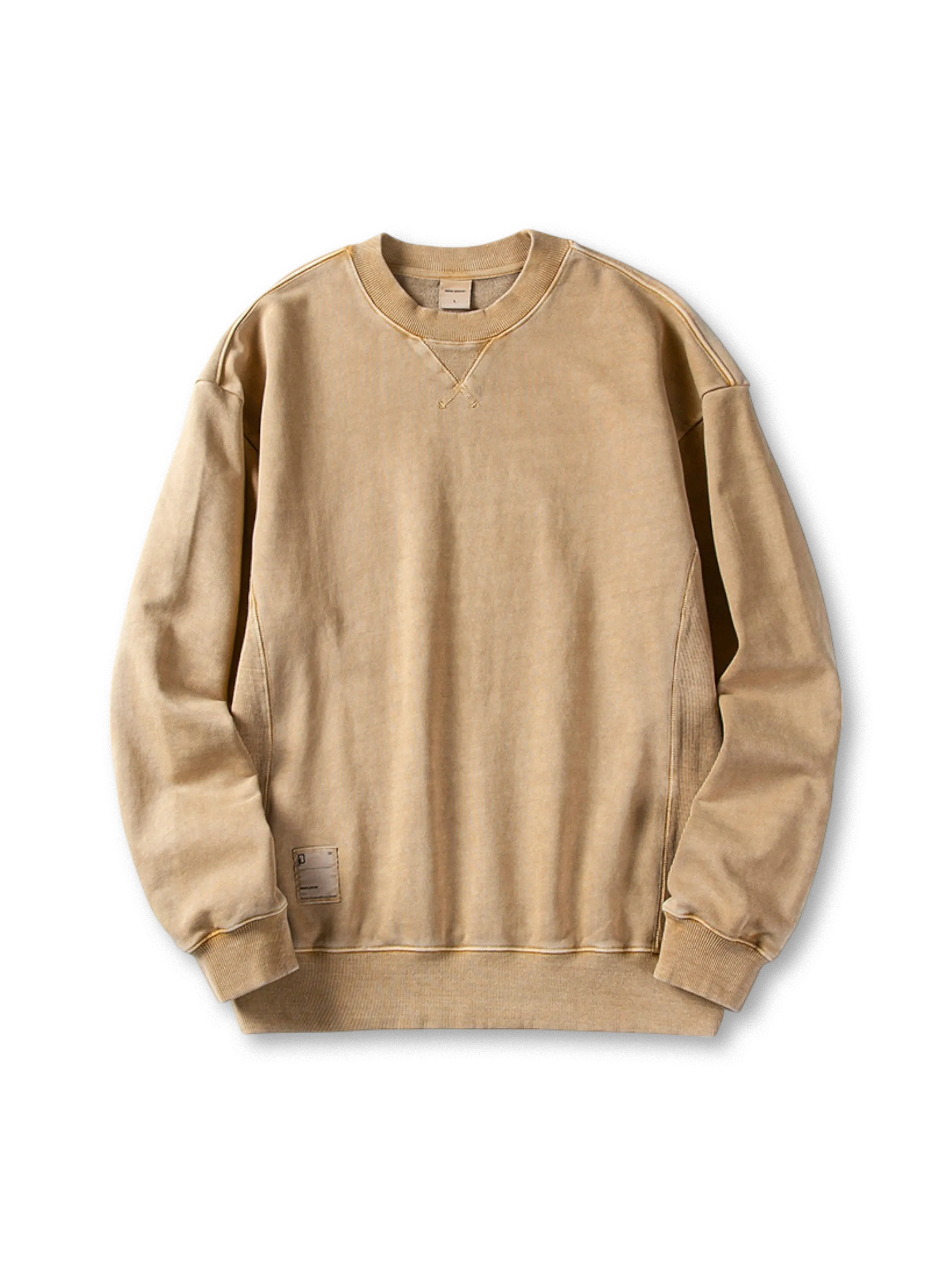 ウォッシュ加工を施したクルーネックスウェット、V字ガゼット付き