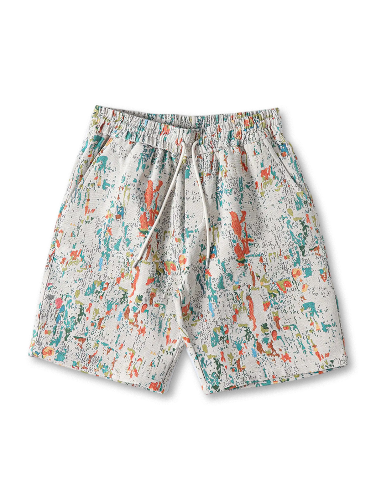  レトロなドパミンカラーのジャカード織ショーツ。軽量ポリエステル素材でドローストリング付きウエスト。ストリートとヴィンテージアートが融合したデザイン。