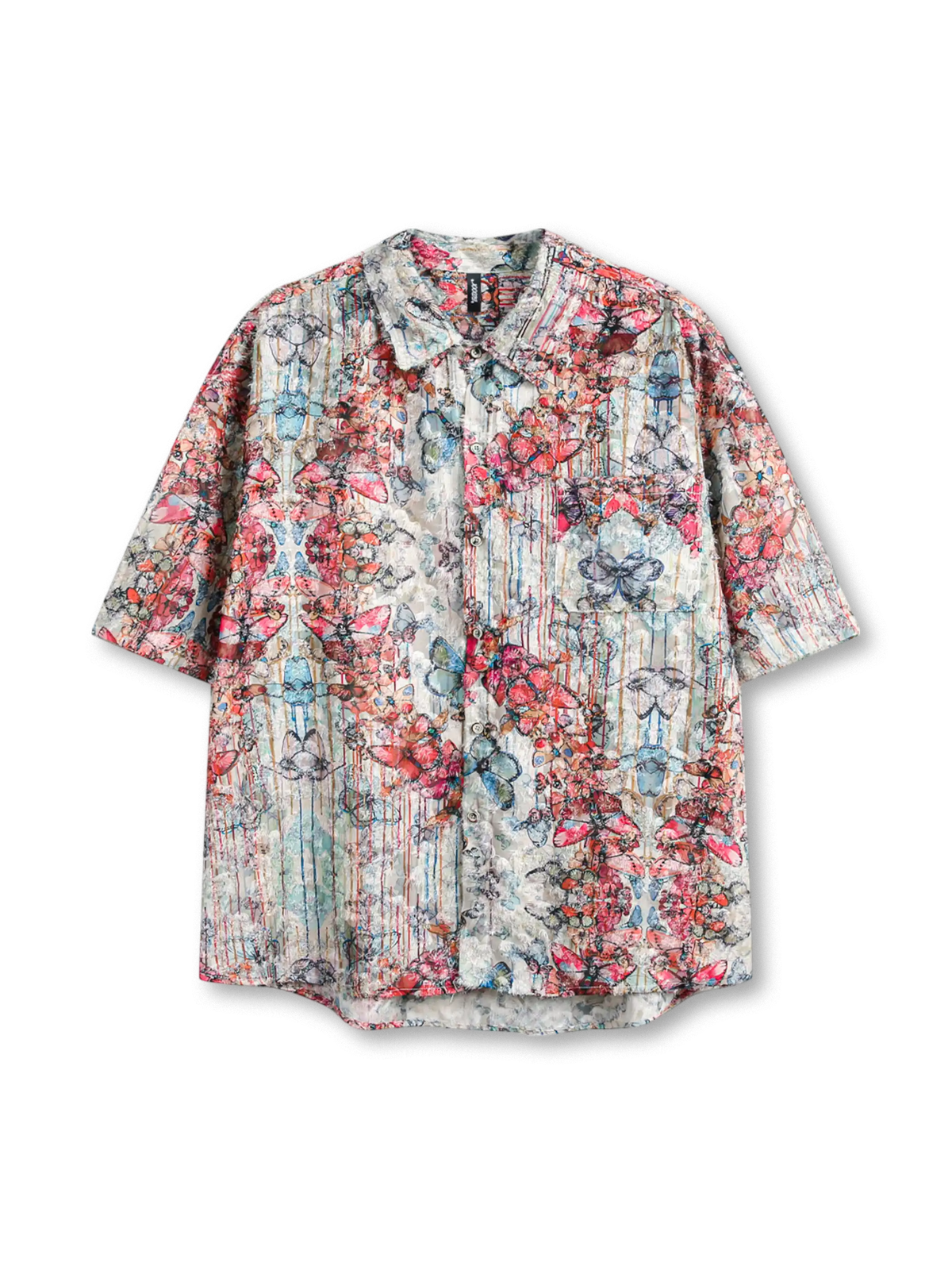 タッセルトリムとジャカード織りが特徴の五分袖半袖シャツ、隠しポケット付き