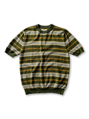 4色展開のヴィンテージストライプTシャツ、太めのボーダー柄とリブ仕上げが見える

詳細画像: ニット素材のライセル生地、クルーネックと袖リブの縫製ディテールがわかるクローズアップ