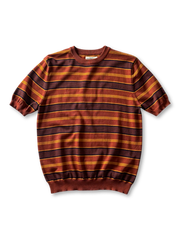 4色展開のヴィンテージストライプTシャツ、太めのボーダー柄とリブ仕上げが見える

詳細画像: ニット素材のライセル生地、クルーネックと袖リブの縫製ディテールがわかるクローズアップ