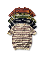 4色展開のヴィンテージストライプTシャツ、太めのボーダー柄とリブ仕上げが見える

詳細画像: ニット素材のライセル生地、クルーネックと袖リブの縫製ディテールがわかるクローズアップ