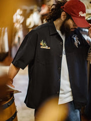 ブラックのウエスタン刺繍オーバーサイズオープンカラーシャツ正面全体