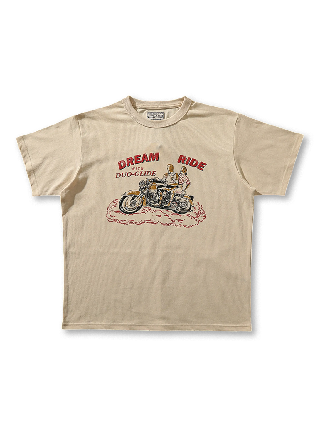 フロント全体に“DREAM RIDE”バイクショップ広告プリントを施したTシャツ