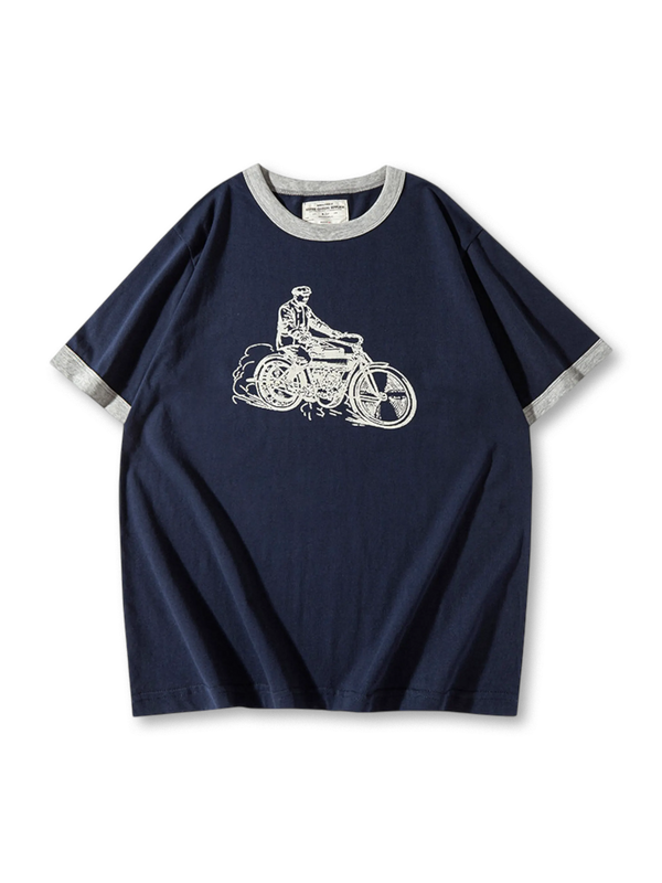 旧式バイクプリントと配色リブが映える210gリンガーTシャツ