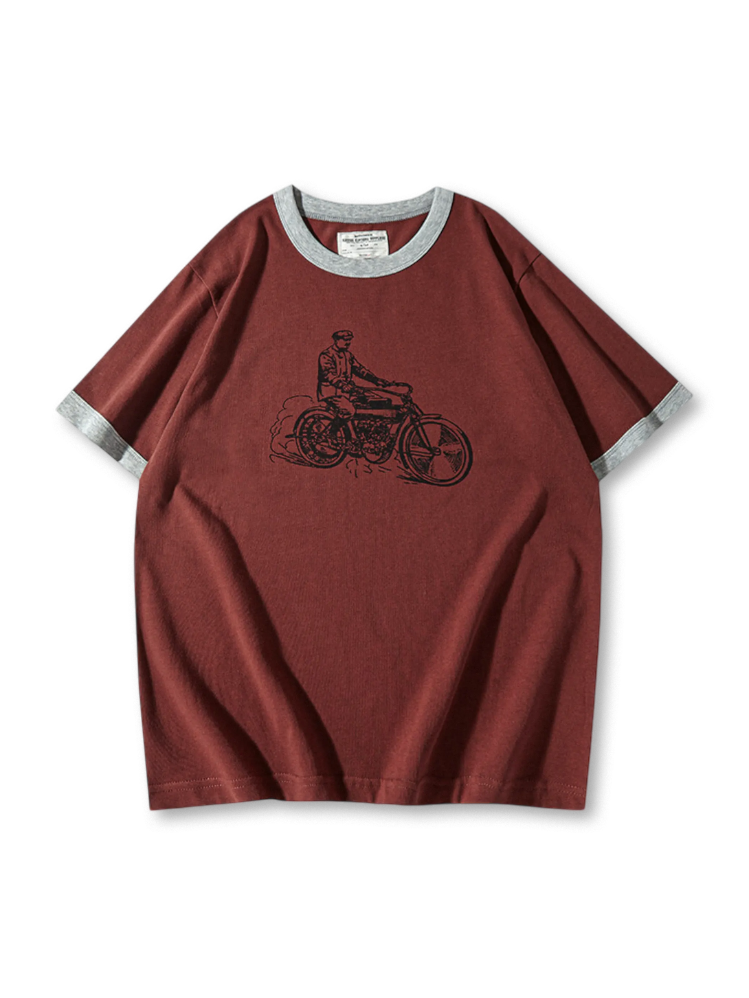 旧式バイクプリントと配色リブが映える210gリンガーTシャツ