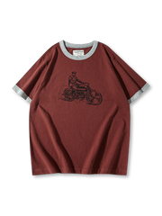 旧式バイクプリントと配色リブが映える210gリンガーTシャツ