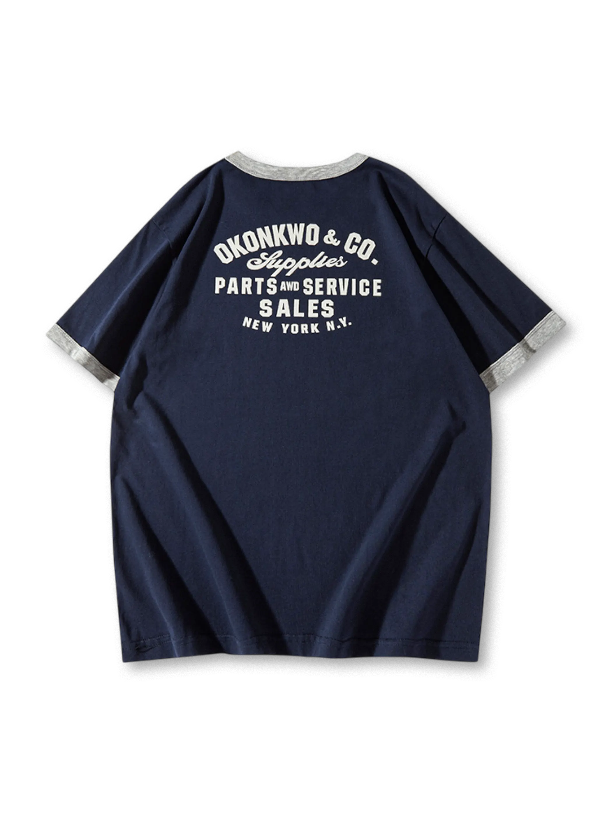 旧式バイクプリントと配色リブが映える210gリンガーTシャツ