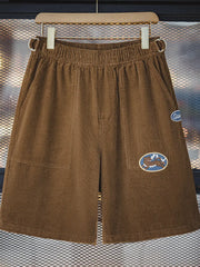 栗色の灯芯コーデュロイグルカショーツ、刺繍ワッペン付き