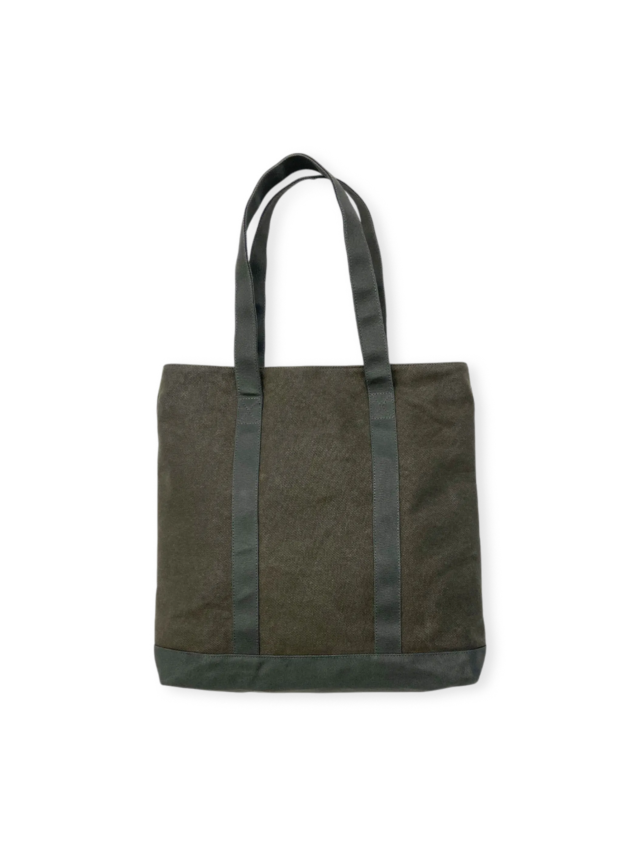 オリーブグリーン24オンスキャンバスのTalonジップ付きヴィンテージトートバッグ、前面フラップポケットと長めの肩紐の詳細。