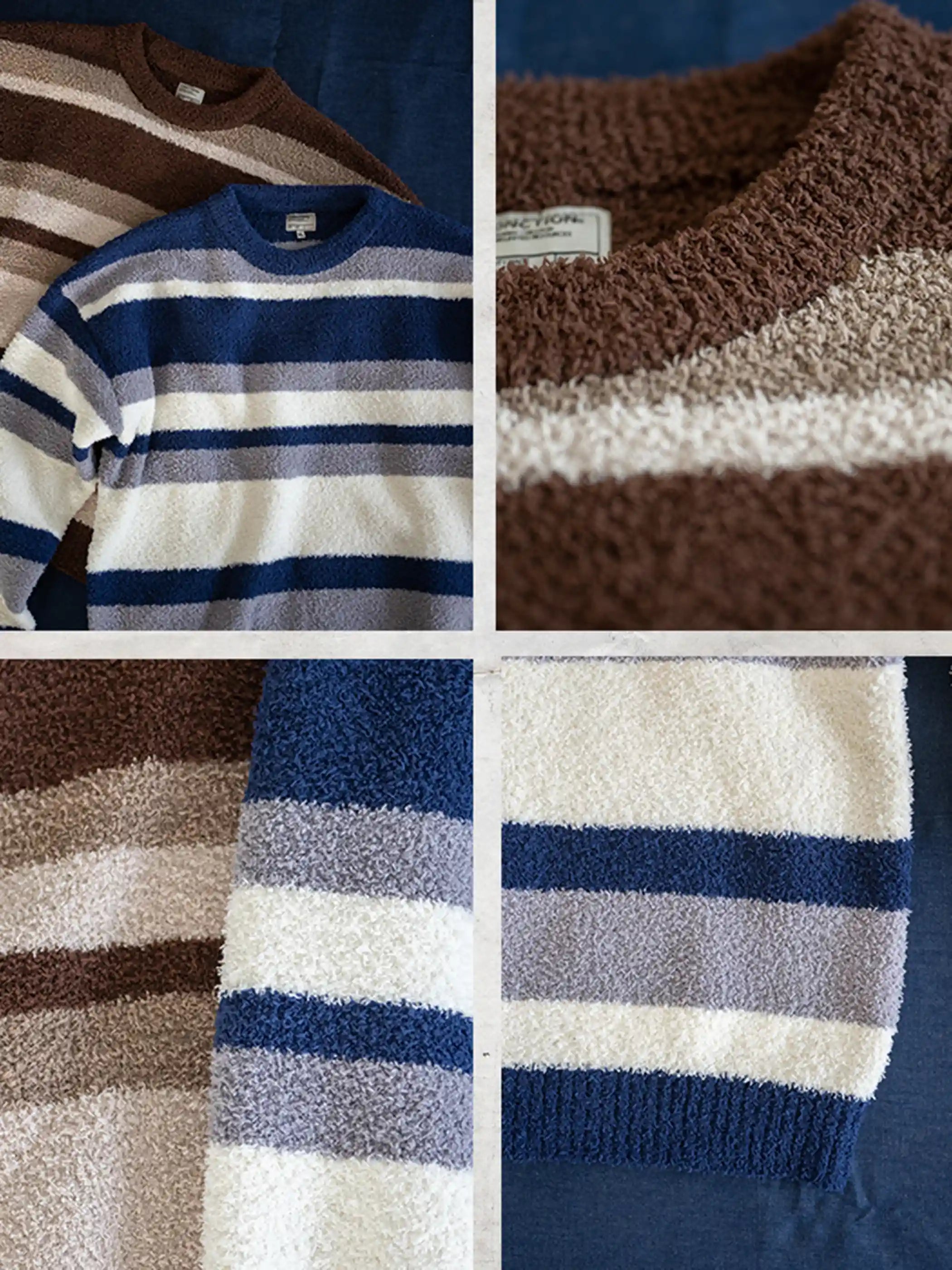 短丈ワイドシルエットのストライプニット、微起毛感のある半边フリース素材。詳細画像：袖口・裾のリブ仕様やブルー系/ブラウン系の不規則ストライプ。モデル画像：モデルがレイヤードスタイルで着用し、レトロモダンな雰囲気を演出。