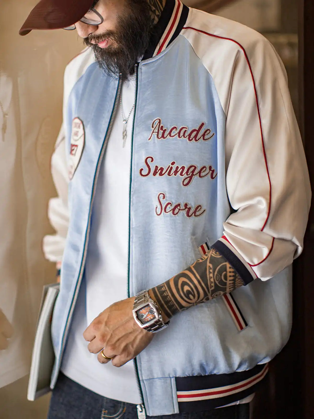 ベースボールジャケット garfield embroidered leather sleeves baseball
