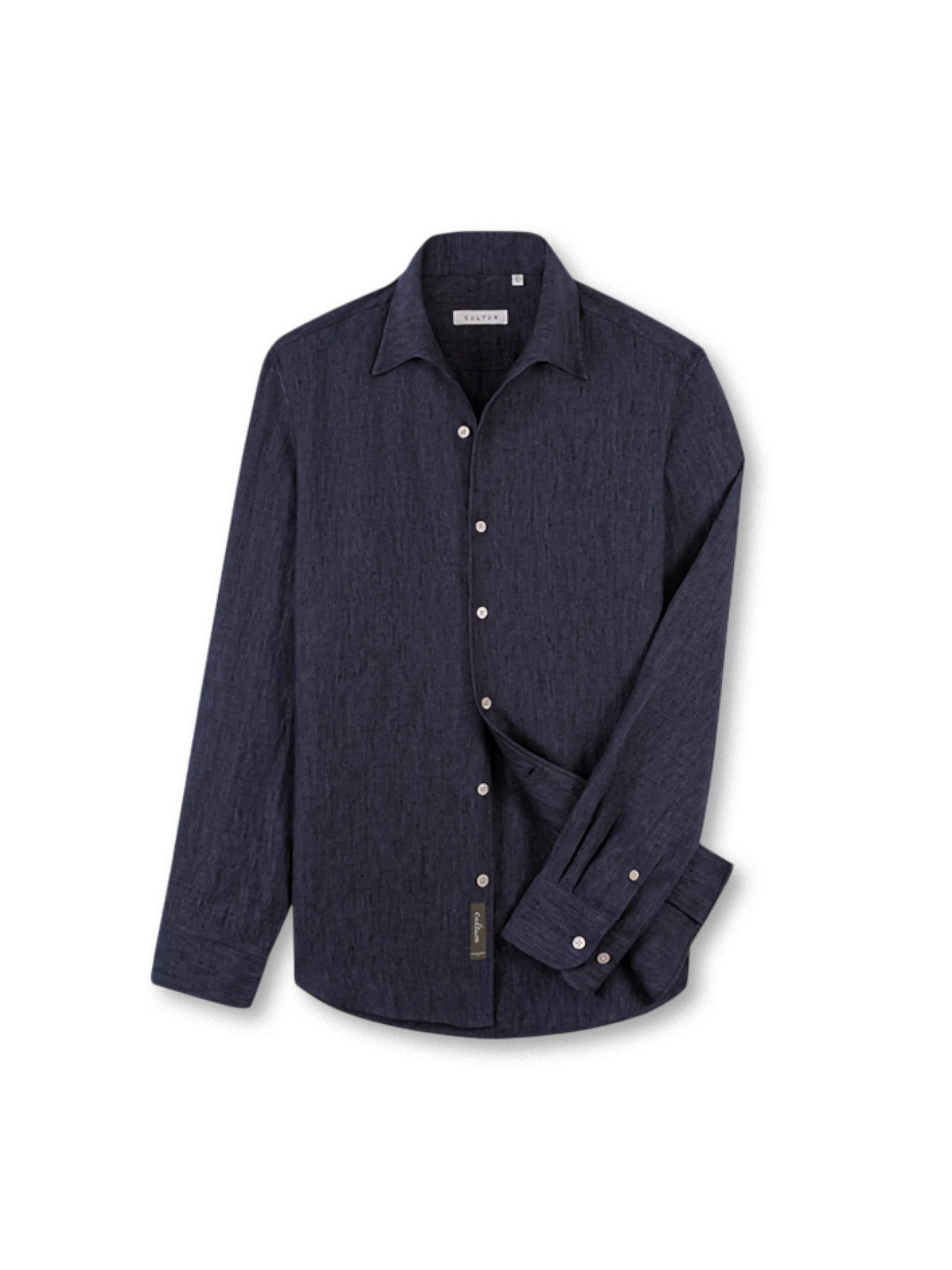 オフホワイトのフランスリネン一枚襟長袖シャツ
