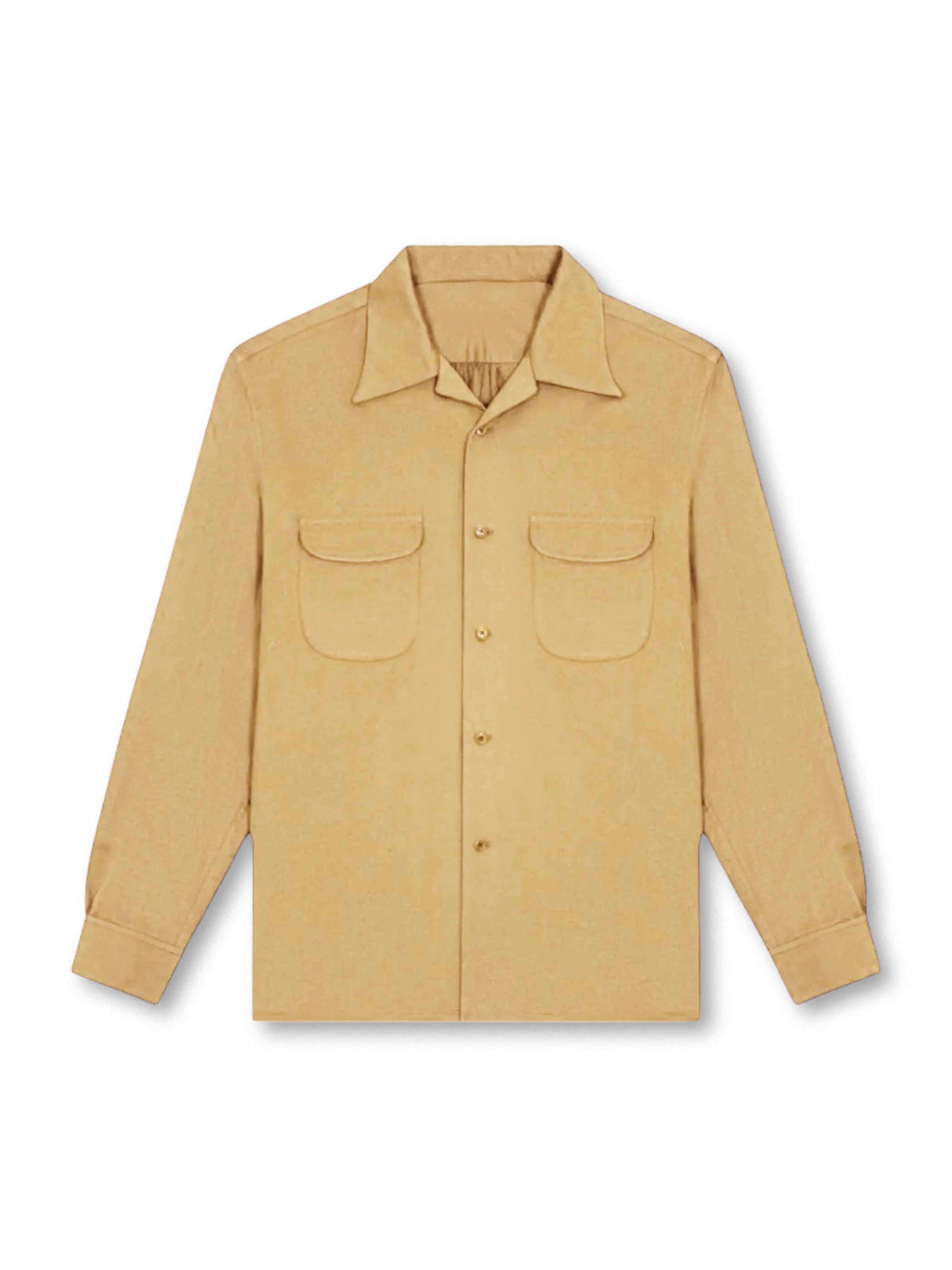 ベージュとブラウンのオープンカラー長袖シャツ２色展開