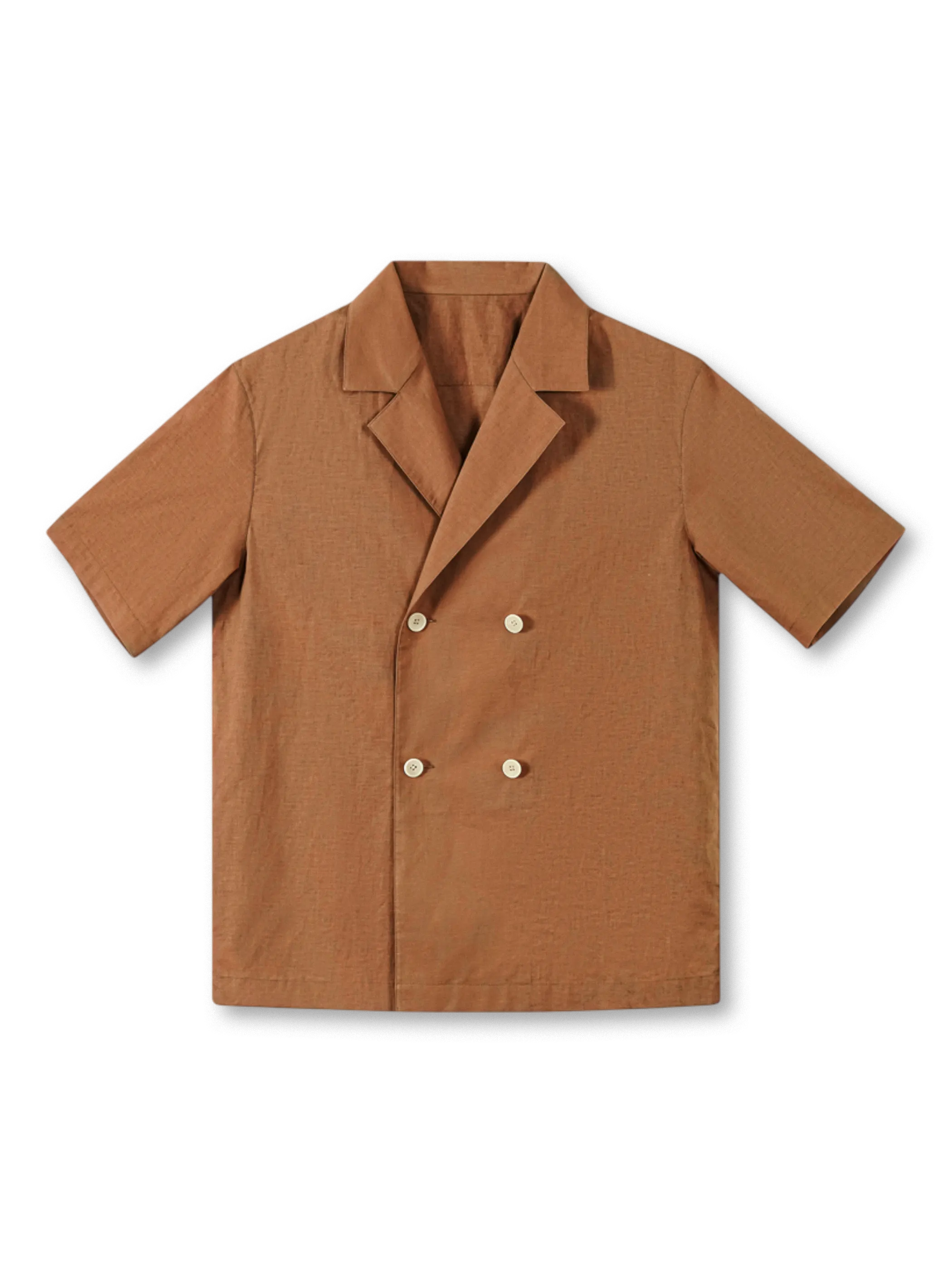 ダブルブレスト開襟のコットンリネン半袖シャツ