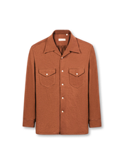 テラコッタブラウンのキューバンカラー長袖シャツ