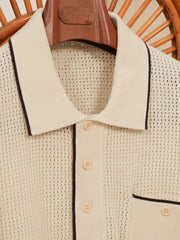 クリーム色のホールガーメントメッシュニットポロシャツ
