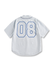 シアサッカー生地のストライプVネックベースボールシャツ前面全体