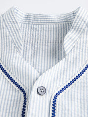 西海岸風ストライプVネックベースボールシャツ