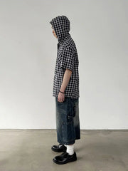 取り外し可能フード付き チェックショートスリーブシャツ