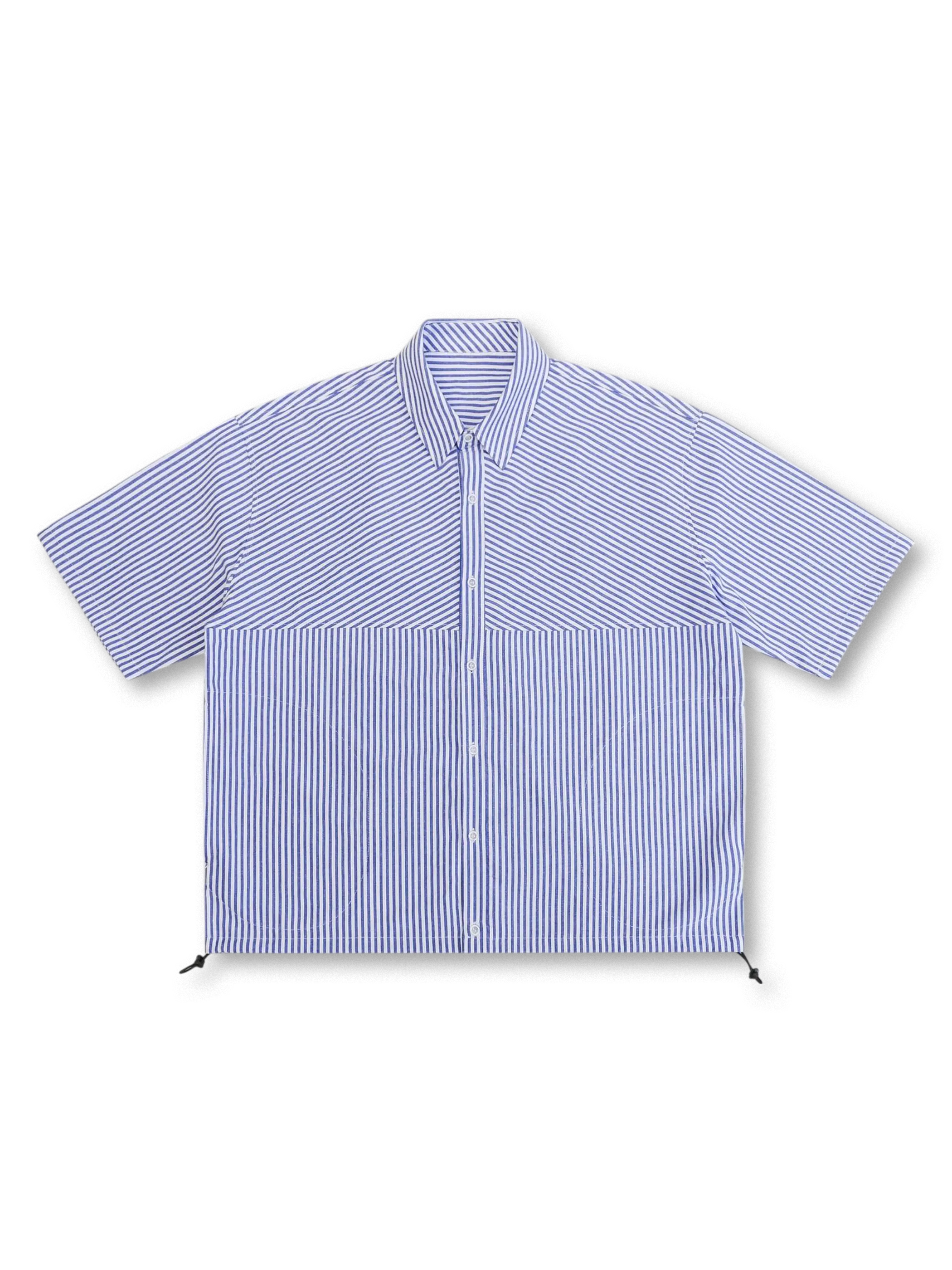 前面から見たブルーストライプパッチワークオックスフォードシャツ