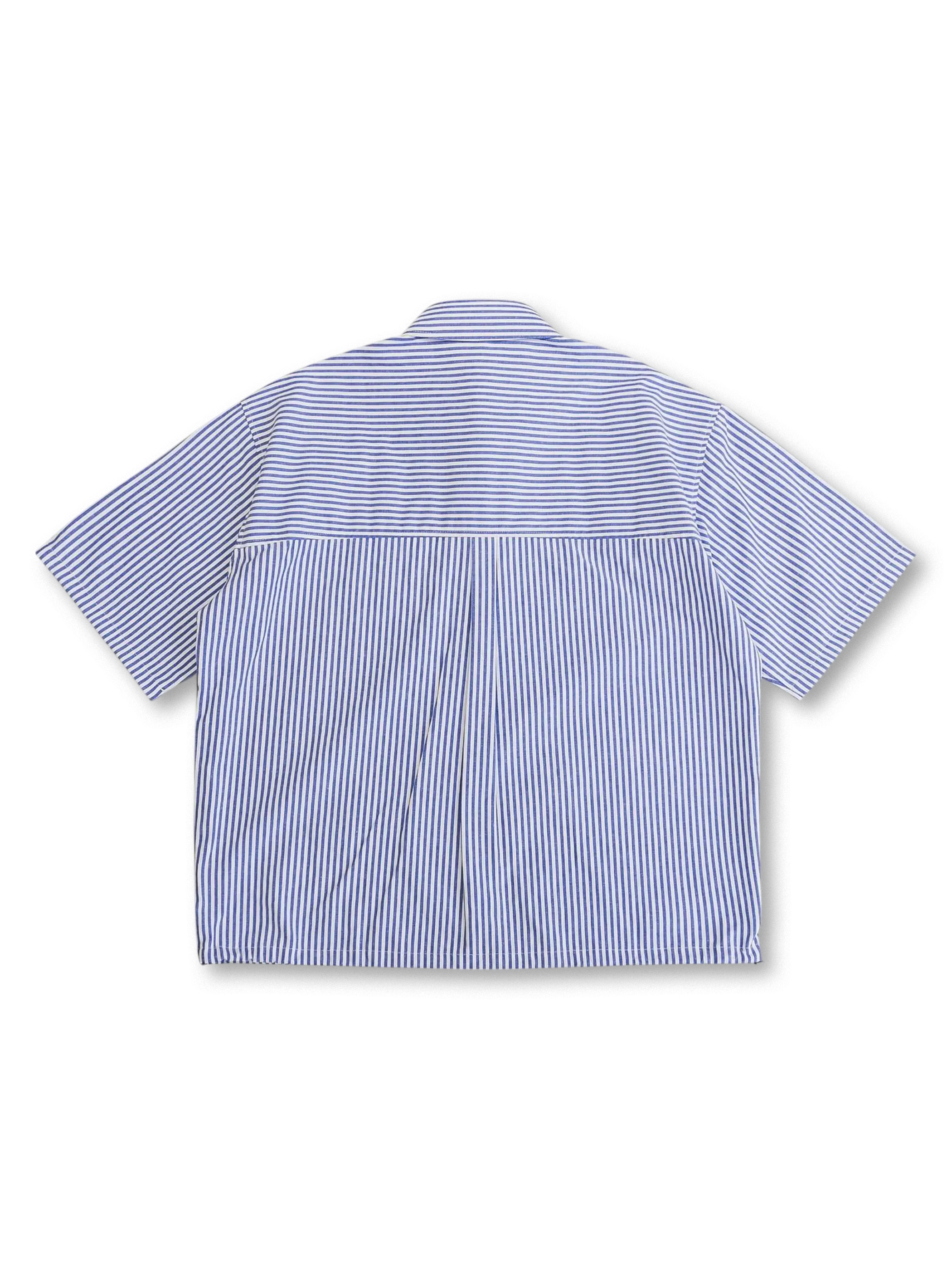 前面から見たブルーストライプパッチワークオックスフォードシャツ