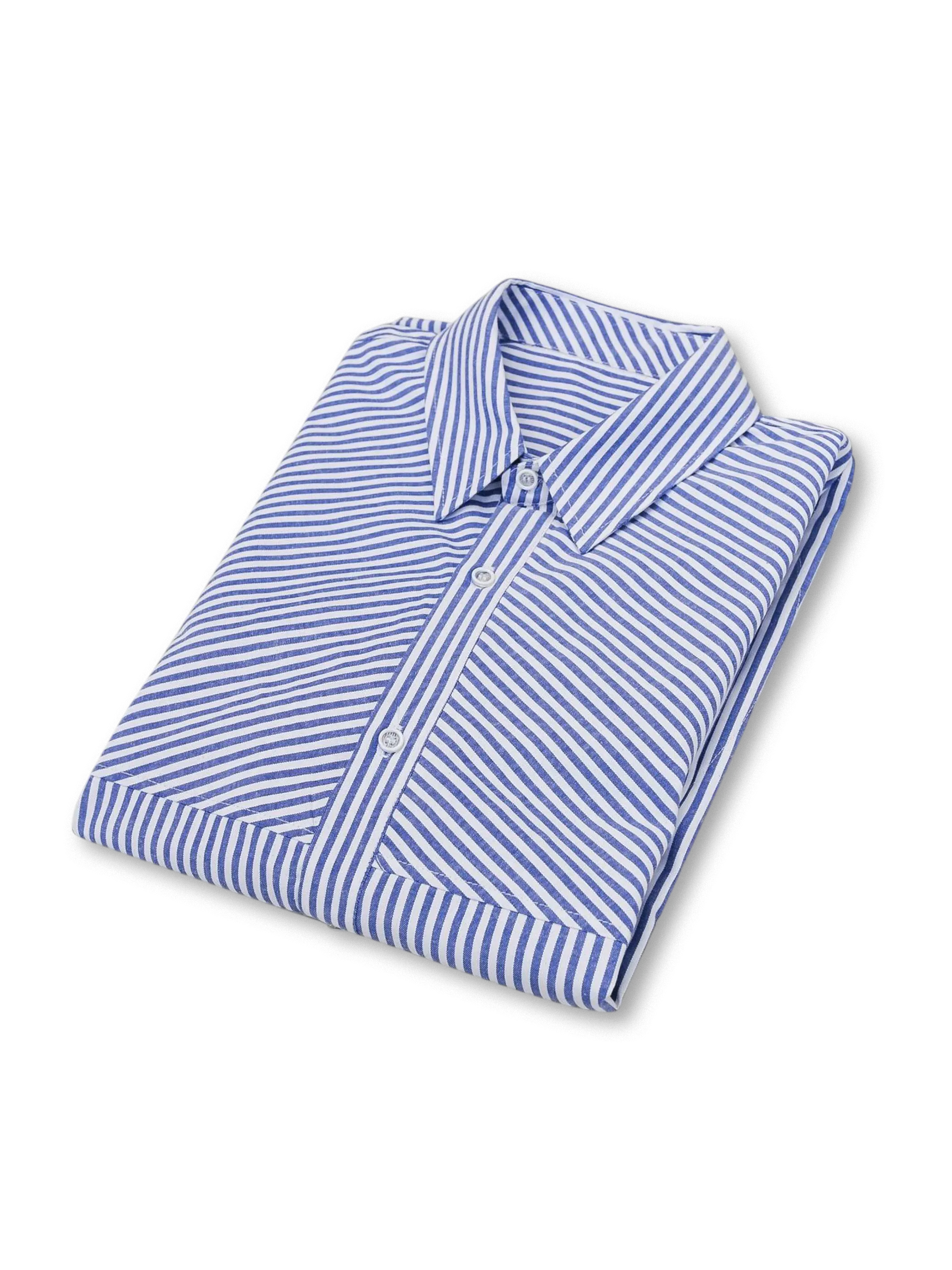 前面から見たブルーストライプパッチワークオックスフォードシャツ