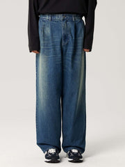 レトロダブルプリーツデニムパンツ