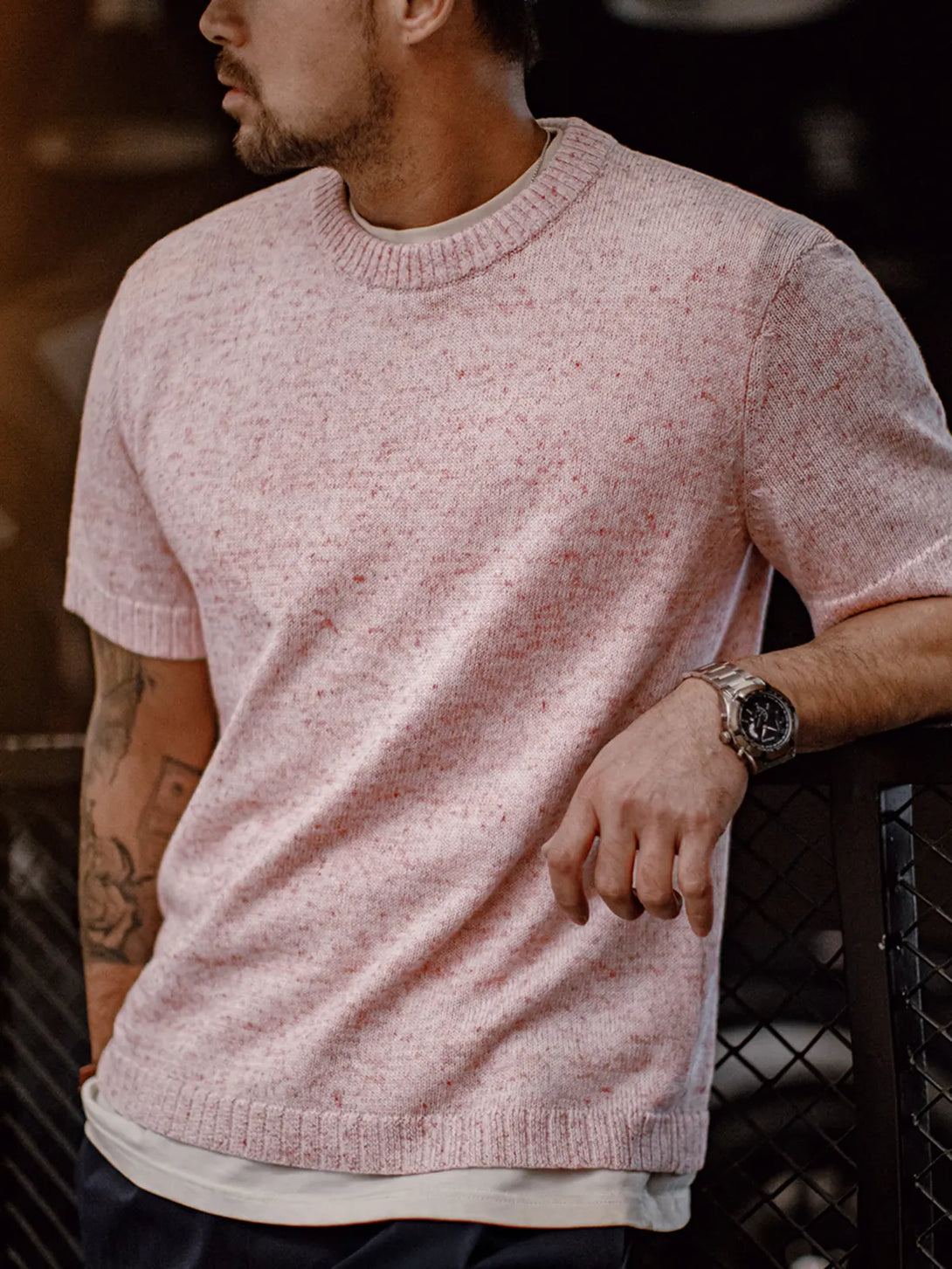 ヴィンテージピンクワッフルニットTシャツ正面
