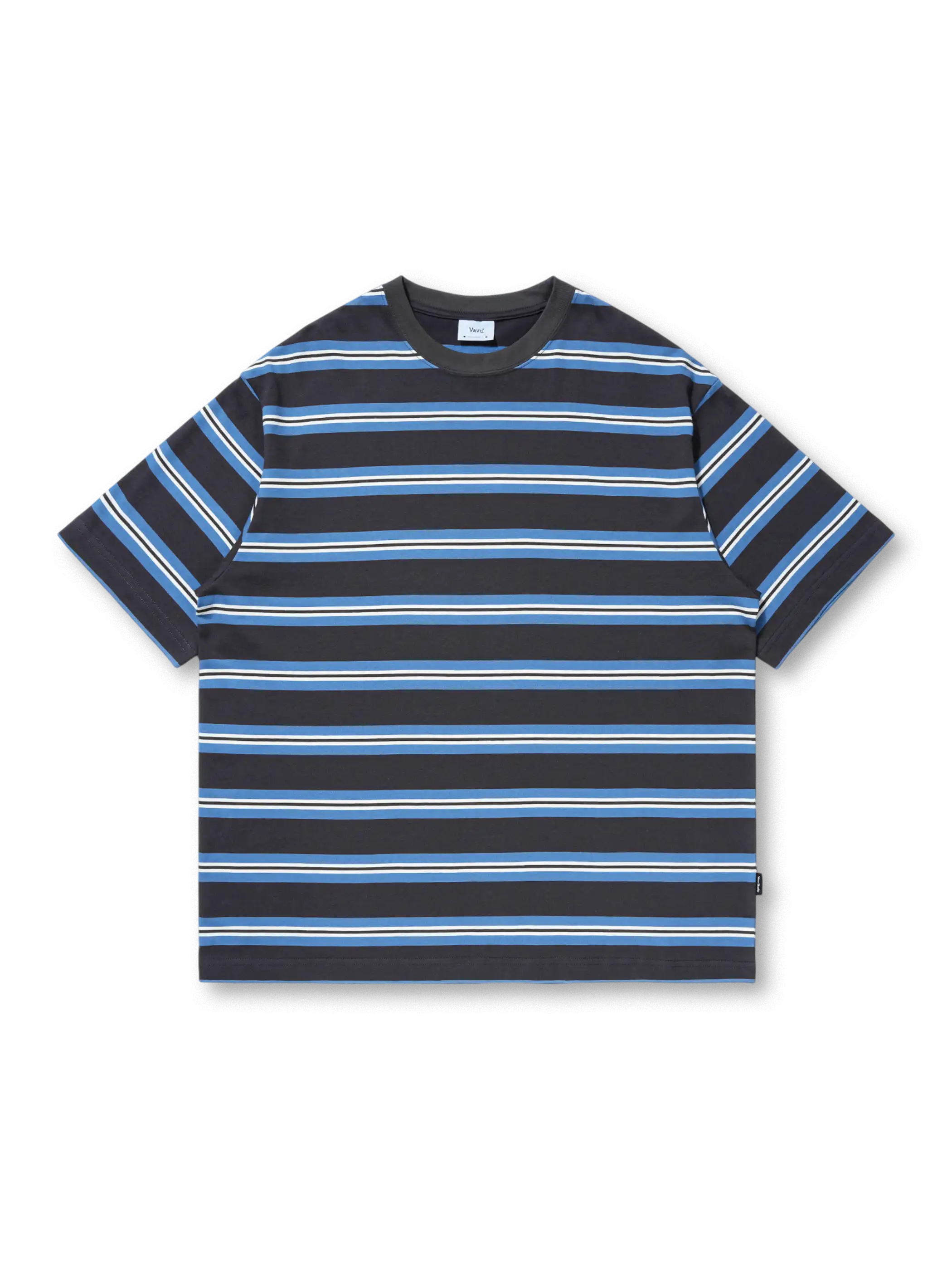 製品画像: グレーベースにブラックラインのストライプが入った半袖Tシャツ