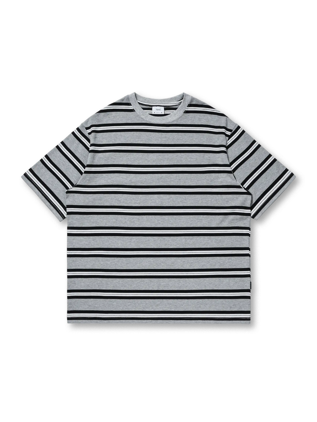 グレーベースにブラックラインのストライプが入った半袖Tシャツ