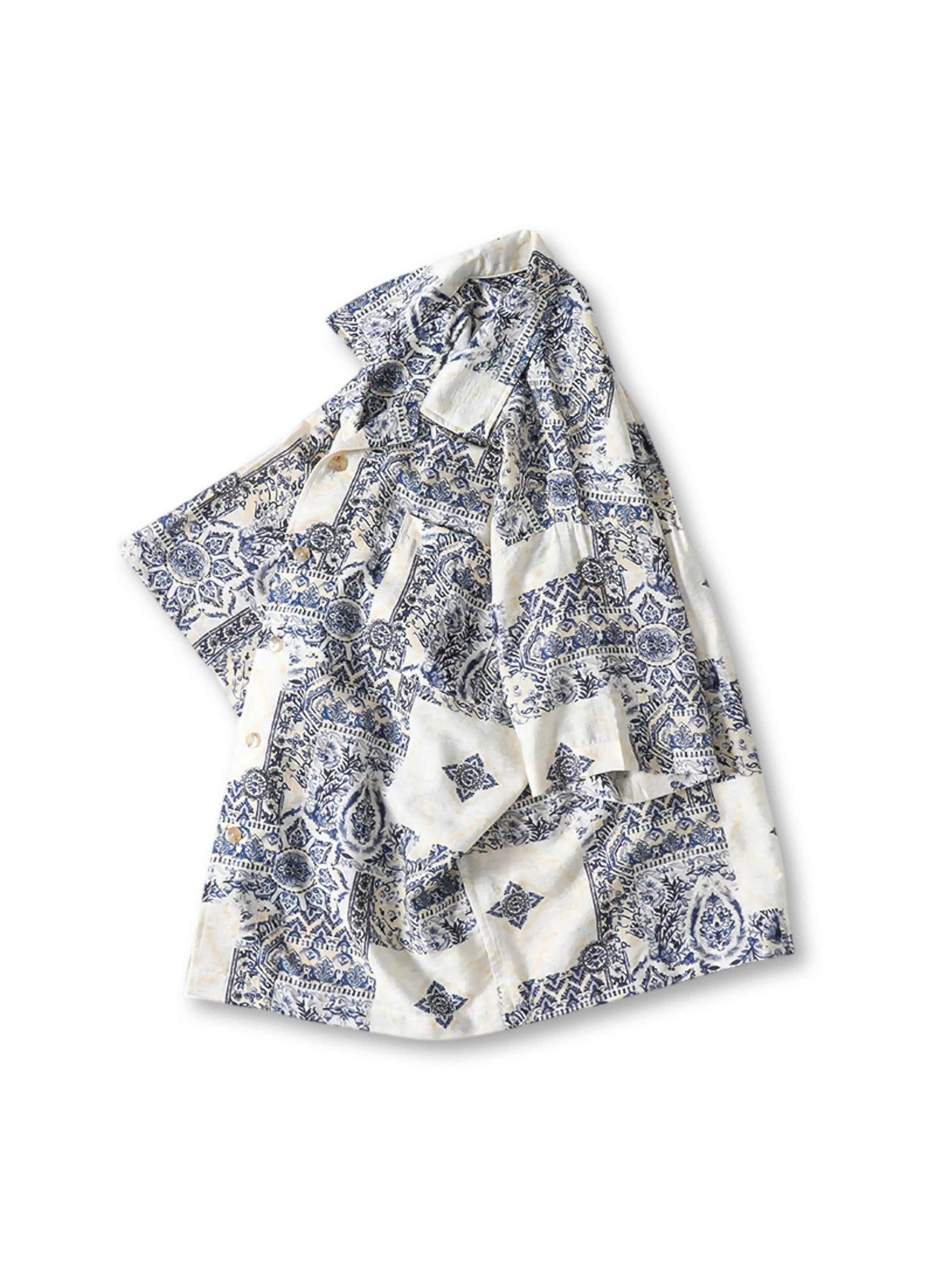 青白タイル柄キューバシャツ