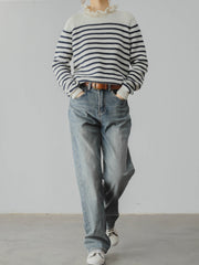 青ｘ白ストライプ ウールタートルセーター