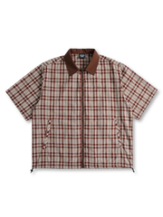 ブラウンとサックスのチェック柄にコントラスト襟とジップフロントを配したワークシャツ正面図