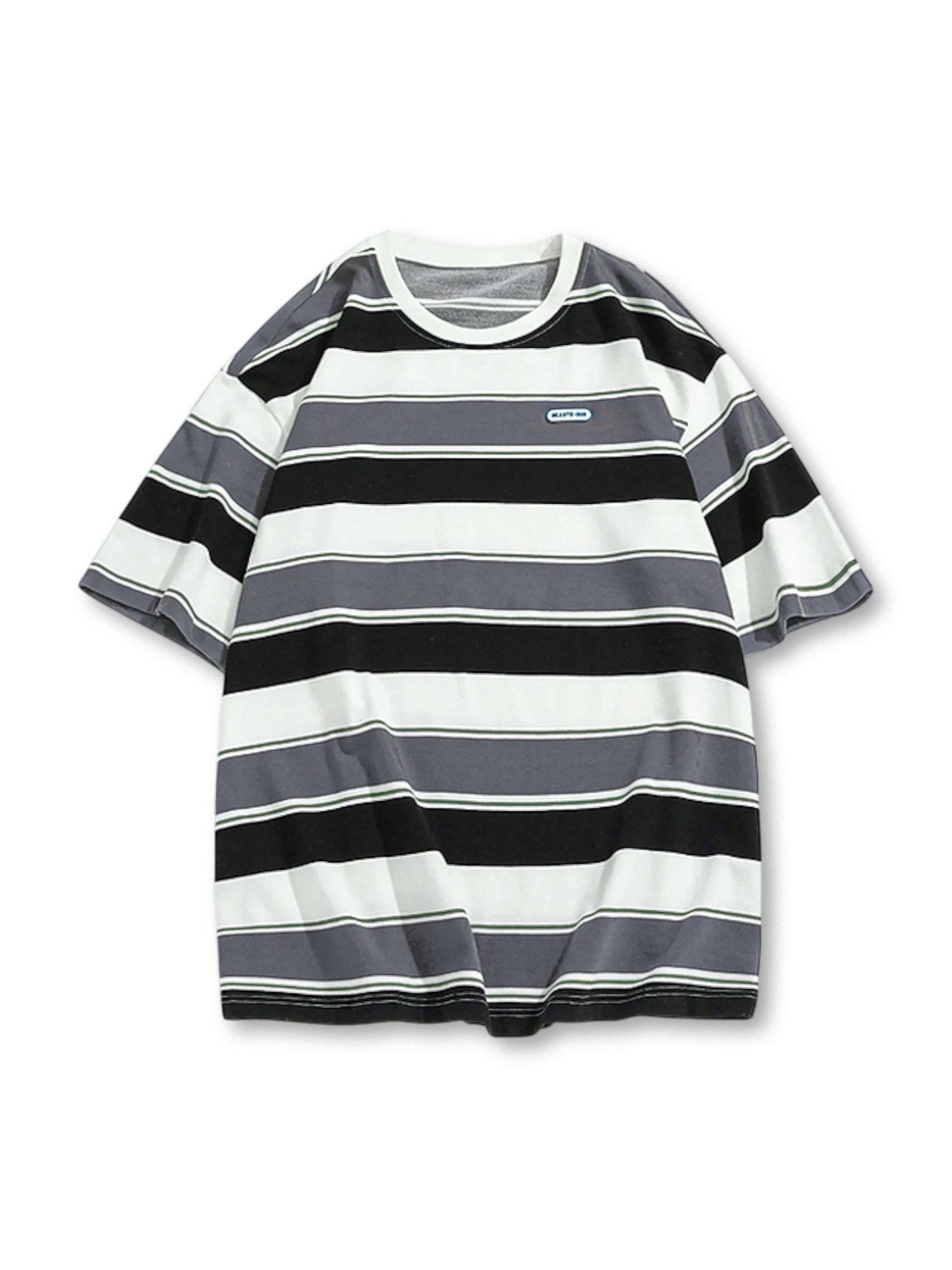 レッド・ネイビー・オフホワイトの太ボーダーが並ぶクルーネックTシャツ全体図