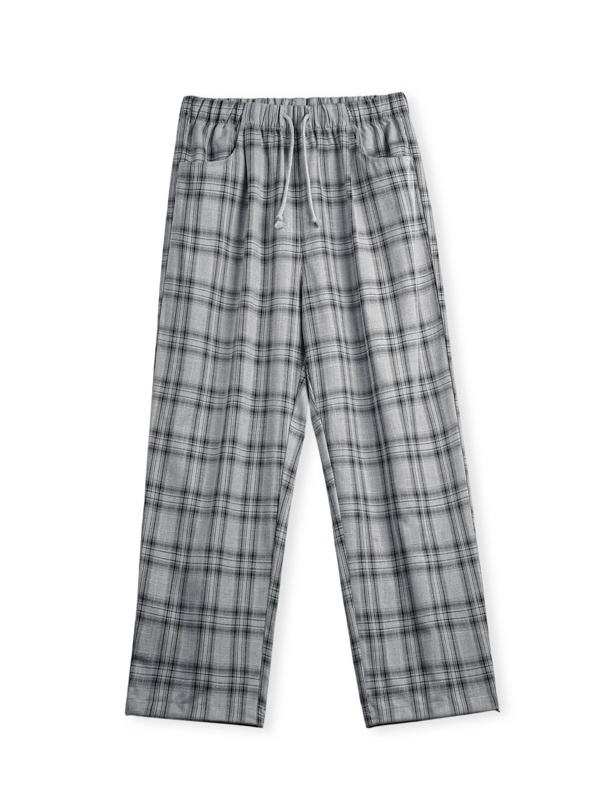 ターダンチェックのワイドパンツ、腰と裾にドローストリング付き。