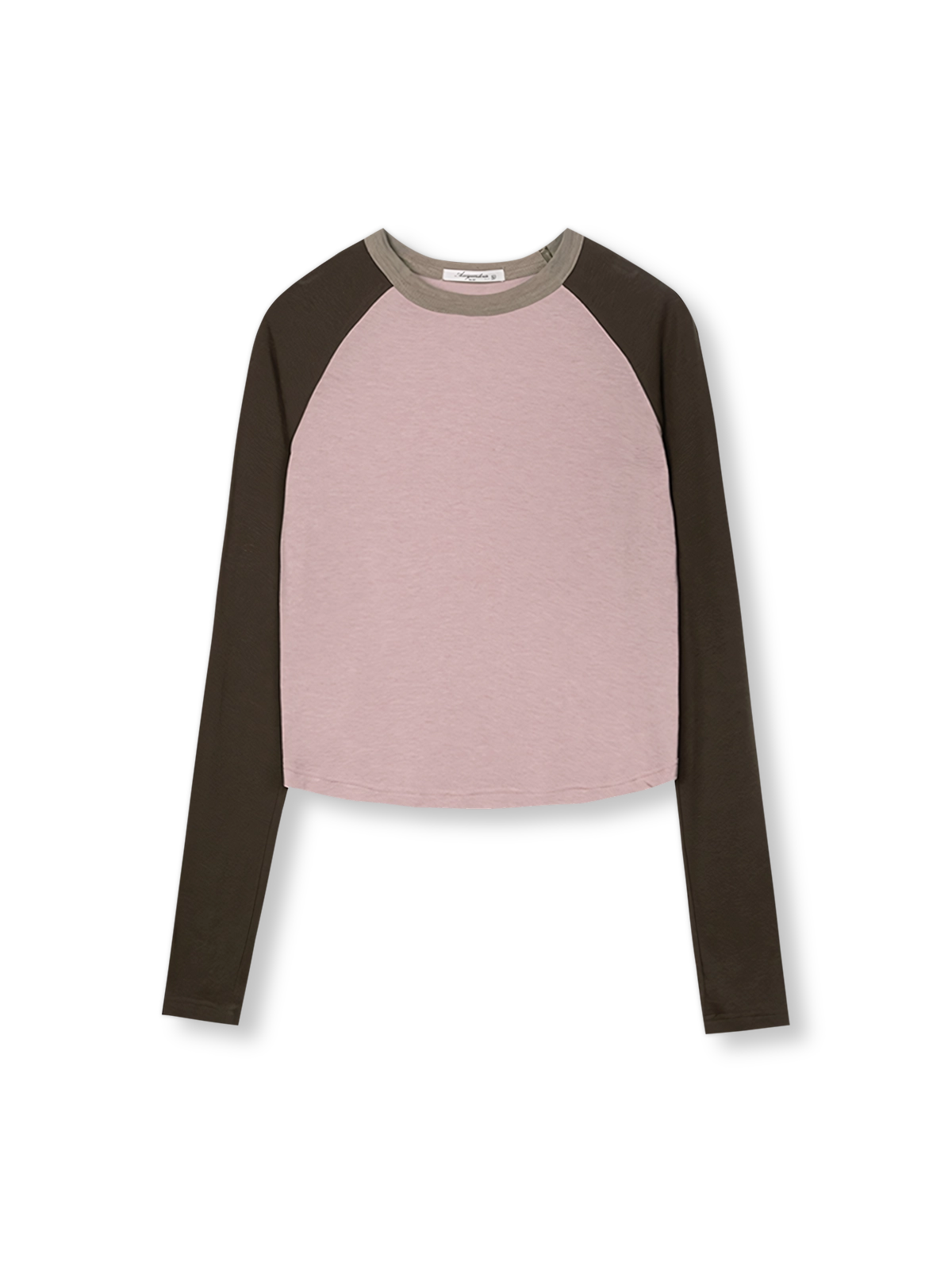 製品画像: 薄霧ピンク配色ラグランスリーブスリムフィットTシャツの全身展示図。