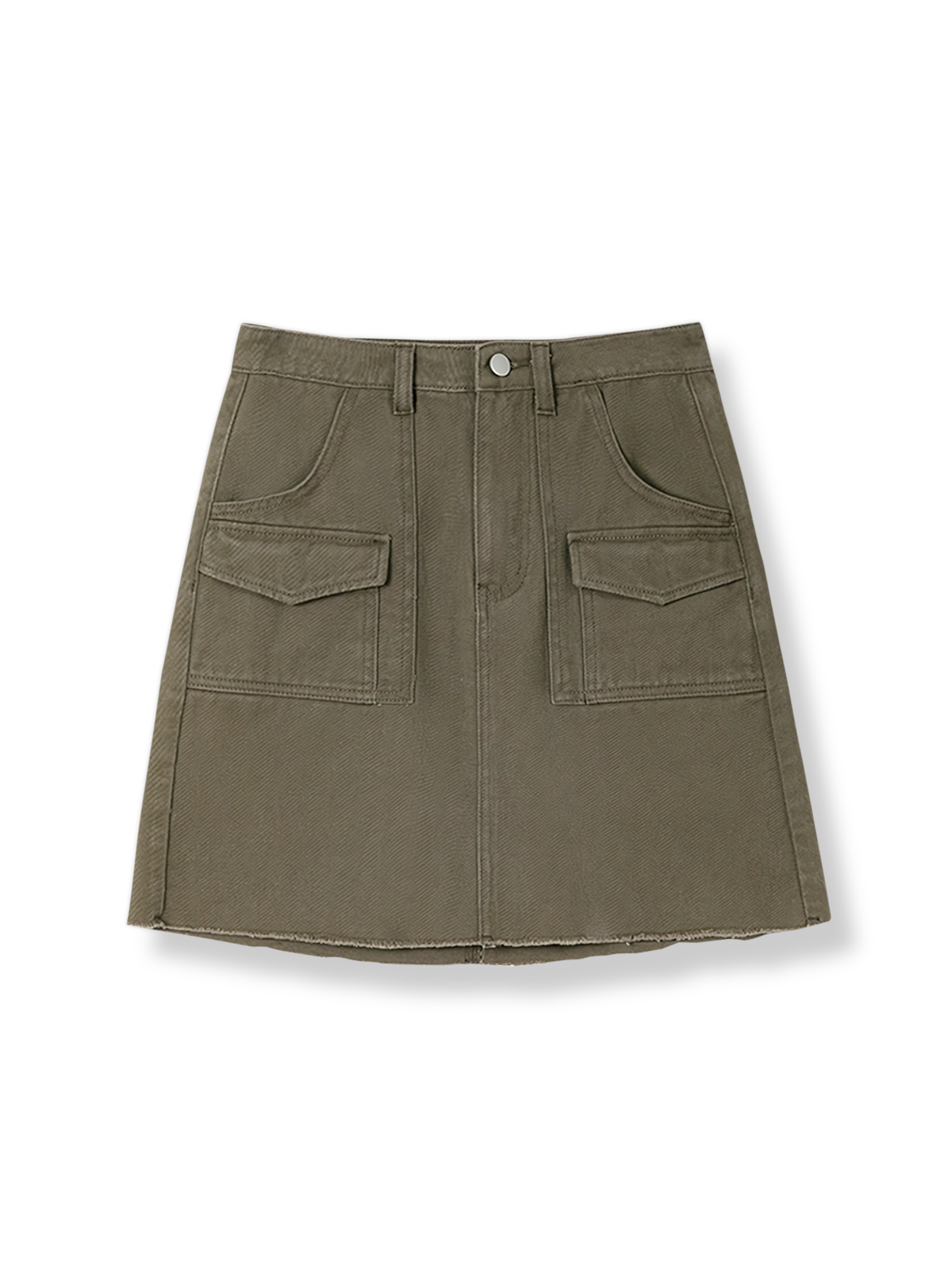 製品画像: ヴィンテージブラウンワークポケットデニムミニスカートの全身展示図。