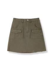 製品画像: ヴィンテージブラウンワークポケットデニムミニスカートの全身展示図。