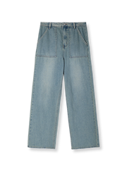 製品画像: レトロウォッシュブルーハイウエストワイドレッグデニムパンツ正面図