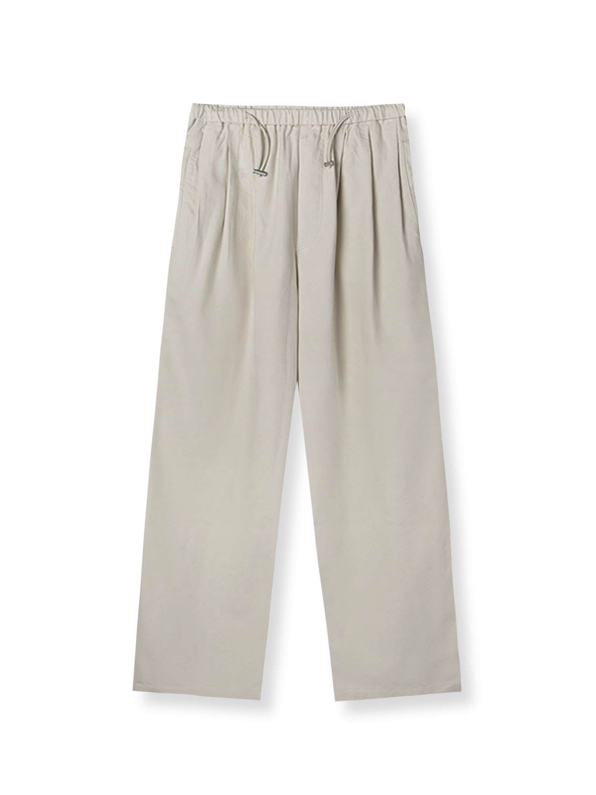 製品画像: シンプルなライトベージュのドローストリングウエストワイドレッグパンツの全身展示図。