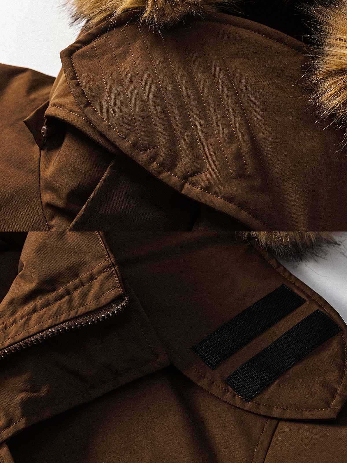 製品画像:
M51パーカー ダウンジャケット、レトロなミリタリーデザインと現代的なシルエットを融合した全体展示、秋冬に最適な保温性のあるアイテム

詳細画像:
フィッシュテールカットと取り外し可能なファー襟のディテール、ミリタリーデザインを強調するデザインポイント