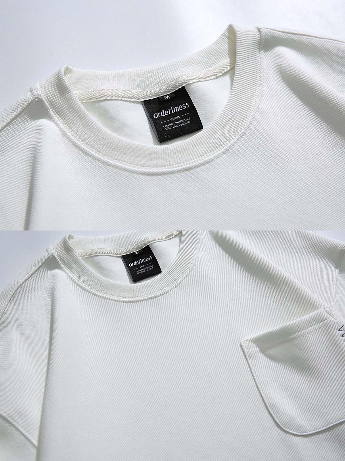 製品画像
「グレー・ホワイト・ブラックの3色展開クルーネック プルオーバースウェット全体像。ミニマルデザインとルーズフィットシルエットが特徴」

詳細画像
「クルーネック プルオーバースウェットの胸元シングルポケットとドロップショルダーデザインのディテールクローズアップ」