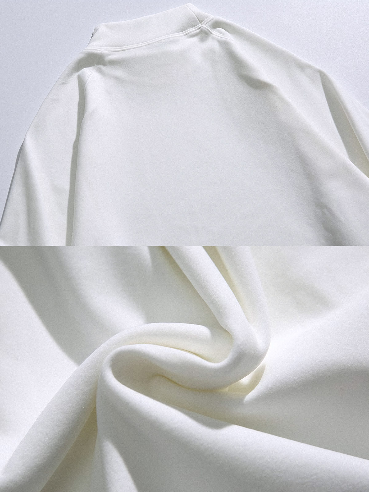 製品画像: 軽量ハイネック スウェットシャツの正面全体展示画像。ブラック、ホワイト、グレーの3色展開で、シンプルで上品なデザインが特徴。柔らかな生地感とハイネックデザインが冬のコーディネートに立体感を加え、日常使いにも最適な一着。
詳細画像: 軽量ハイネック スウェットシャツのハイネック部分をクローズアップした画像。保温性を高める立体的なデザインが特徴で、袖口と裾の細部仕上げも確認可能。シンプルなディテールでありながら、優れた着心地とファッション性を提供。