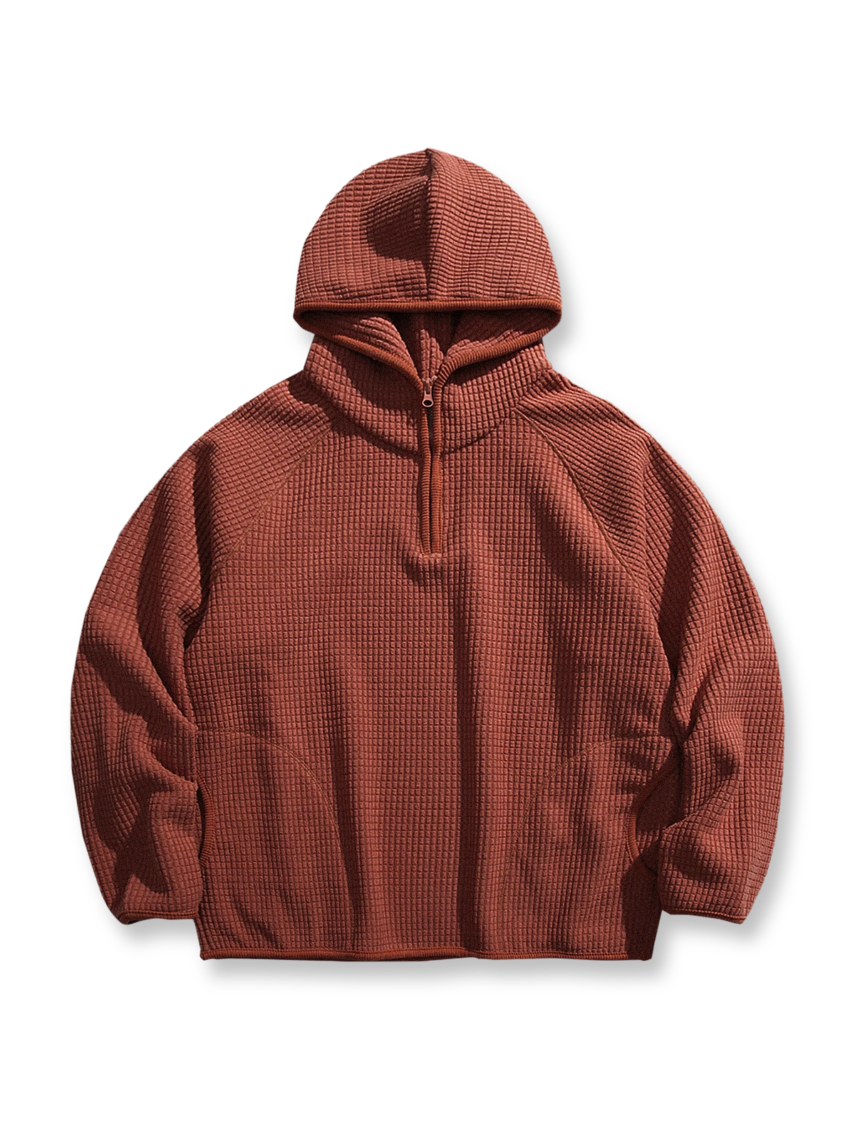 製品画像: 厚手ワッフル織りフード付きスウェット、ヴィンテージ感のあるデザインと裏起毛素材。寒い季節にぴったりの保温性を提供し、快適な着心地。

詳細画像: ワッフル織り生地と裏起毛のディテール。温かみのある厚手素材が、秋冬のコーディネートに最適。