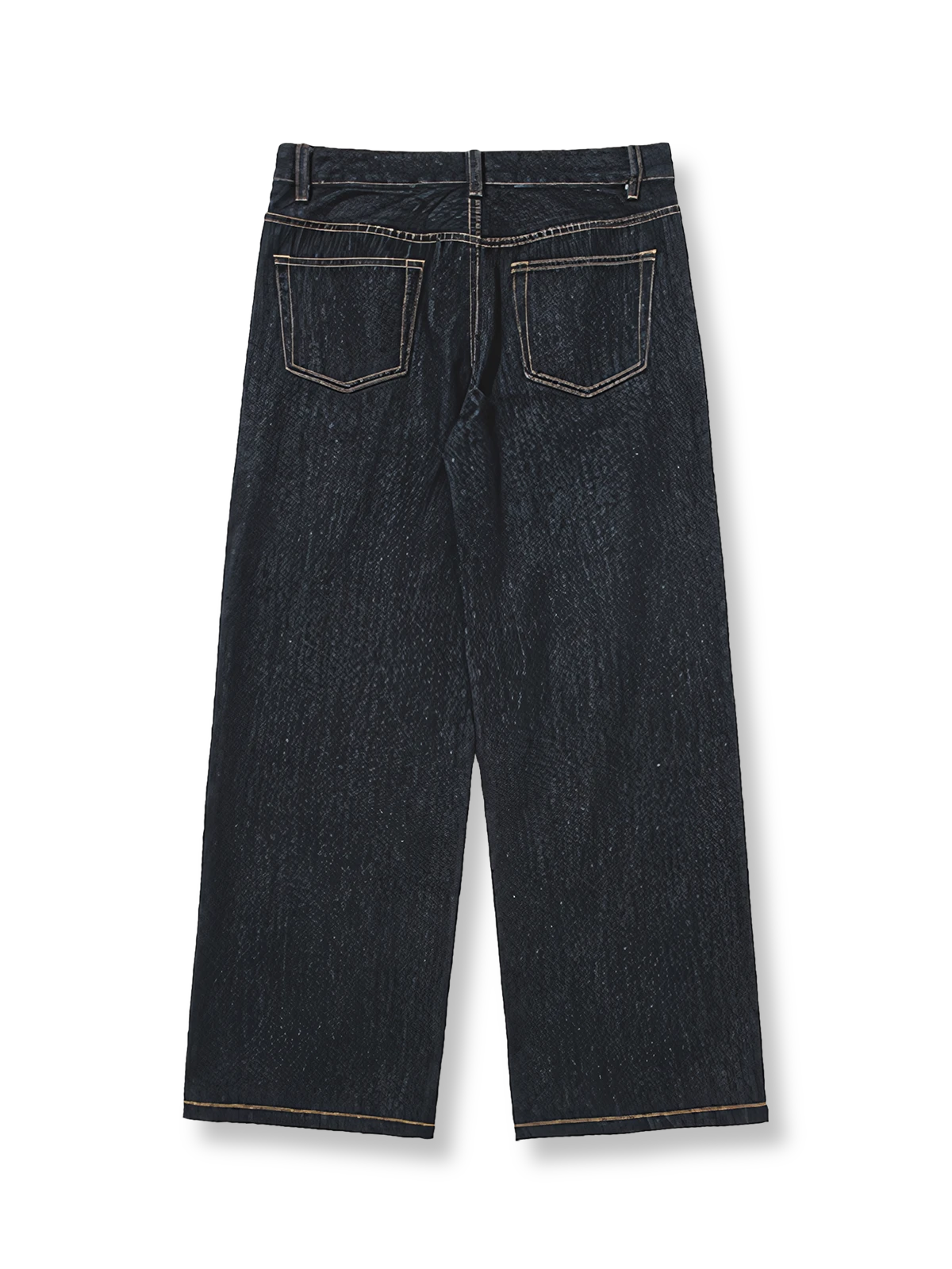 製品画像: クラシックな生デニム生地を使用したストレートカットジーンズ全体展示、ヴィンテージ感あふれるデザインと頑丈なリベットディテールが特徴
詳細画像: 5ポケットデザインとヴィンテージ生地のディテール特写、未処理の裾が自然なカジュアル感を演出