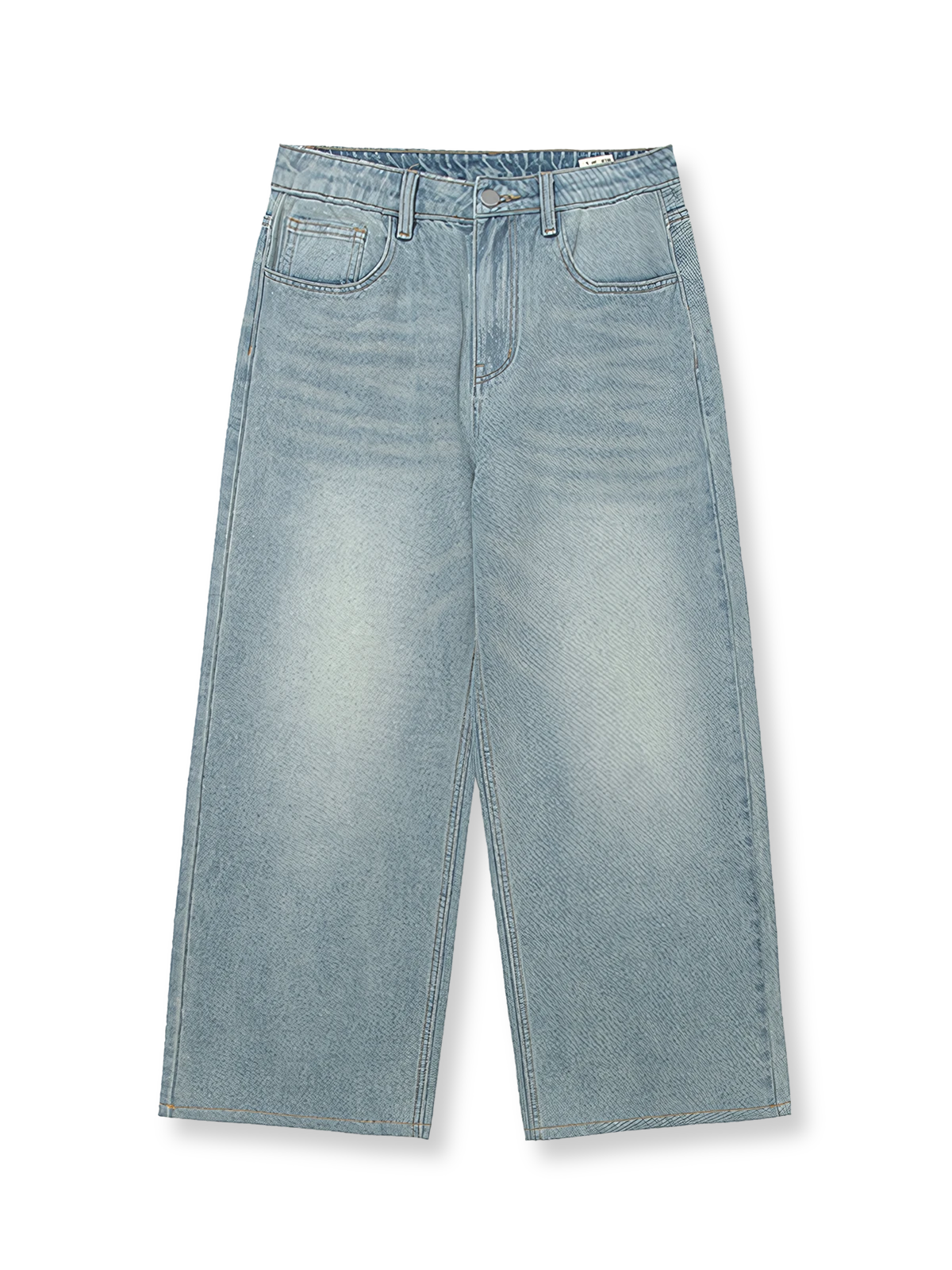 製品画像: アメカジファッションのレトロなスタイルとヴィンテージウォッシュデザインを特徴とするストレートデニムパンツ全体展示、100%コットン素材で仕上げたクラシックなデザイン
詳細画像: ウォッシュド加工とルーズフィットのストレートカットのディテール特写、自然なヴィンテージ感を強調