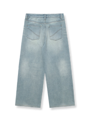 製品画像: アメカジファッションのレトロなスタイルとヴィンテージウォッシュデザインを特徴とするストレートデニムパンツ全体展示、100%コットン素材で仕上げたクラシックなデザイン
詳細画像: ウォッシュド加工とルーズフィットのストレートカットのディテール特写、自然なヴィンテージ感を強調