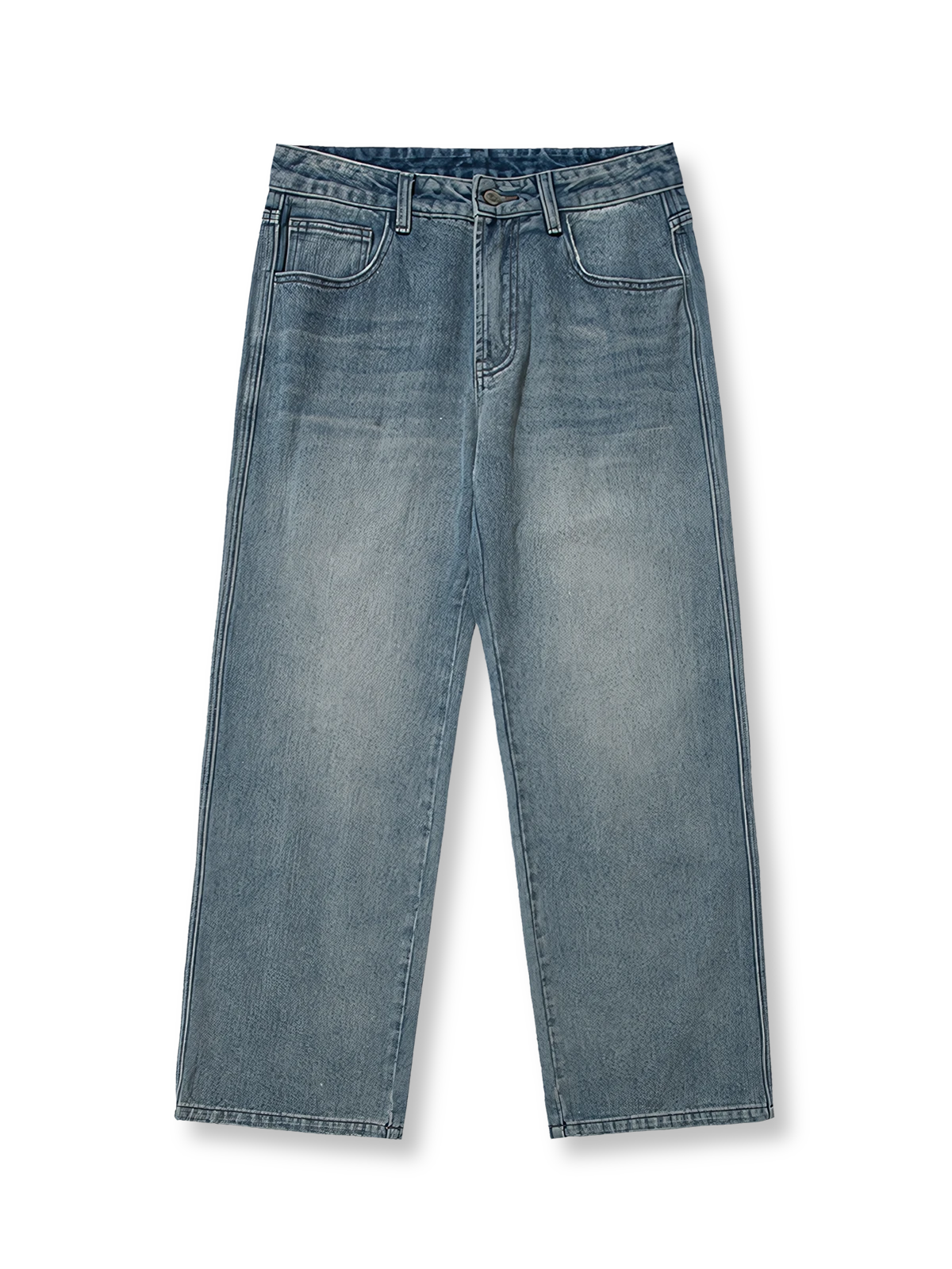 製品画像: ウォッシュドスリムストレートデニムパンツの全体展示。アメカジスタイルのウォッシュ加工が施され、独特なヴィンテージ感が際立っています。スリムストレートカットとクラシックな5ポケットデザインで、スタイリッシュかつ実用的な一着。

詳細画像: ウォッシュ加工と5ポケットデザインのディテール特写。生地の風合いや細部のデザインが、ヴィンテージ感を強調し、デニムの質感と細見え効果を際立たせています。