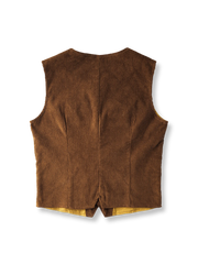 製品画像：
酵素ウォッシュ加工で仕上げた、レトロなコーデュロイワークベスト。丸みのある起毛感と柔らかな手触り、タフで自由な西部カウボーイ風デザイン。

詳細画像：
320g高品質全棉コーデュロイ生地を使用。ピーチスキン加工で色褪せたレトロな風合いが特徴。多ポケットデザインと真鍮製の牛角ボタンで実用性と装飾性を兼ね備えた一着。